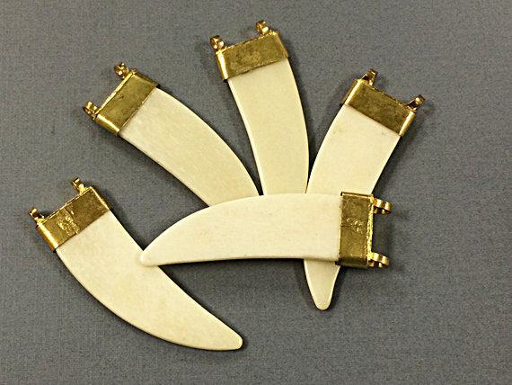 10 Pcs 2 Loop Ivory Cream Flat Bone Horn Tusk Pendant with Brass Cap 70mm X 20mm - HP105-10 - BeadPrism