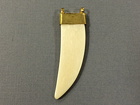 Ivory Cream Bone Horn Tusk Pendant with Brass Cap - HP105 - BeadPrism