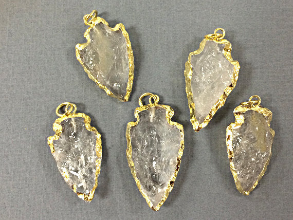 Arrowhead Crystal Quartz Pendant, Gold Plated Edged, Hand made Pendant 1.25 inch Approx - AP213 - BeadPrism