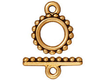 Load image into Gallery viewer, 5 Sets Small Beaded Toggle Clasps 10mm Round 15mm Bar Antique Gold Finish Tierracast - P6079GA - BeadPrism