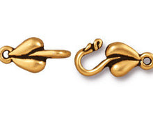 Load image into Gallery viewer, 5 Sets Hook and Eye Clasps Leaf 17x8mm Antique Gold Finish Tierracast - P6109GA - BeadPrism