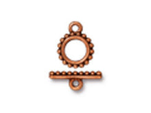 Load image into Gallery viewer, 5 Sets Small Beaded Toggle Clasps 10mm Round 15mm Bar Antique Copper Finish Tierracast - P6079CA - BeadPrism