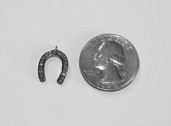 Lucky Horse Shoe Pave set  Real Diamond Small Charm Pendant in Oxidized Sterling Silver  - DIA6 - BeadPrism