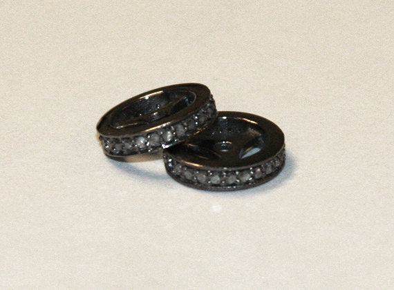 Micro Pave Real Diamond 10mm Rondelles Spacers Slices 1mm Hole Sterling Silver Black finish - DIA10 - BeadPrism