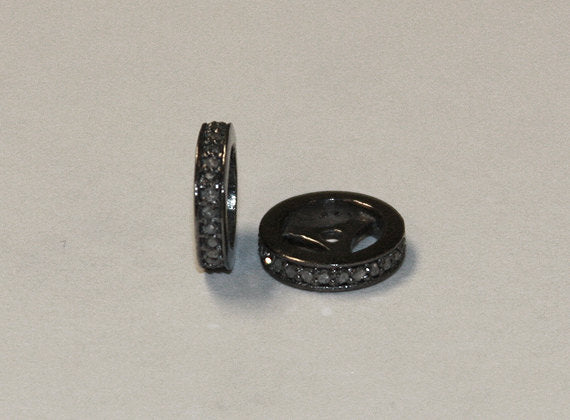 Micro Pave Real Diamond 10mm Rondelles Spacers Slices 1mm Hole Sterling Silver Black finish - DIA10 - BeadPrism