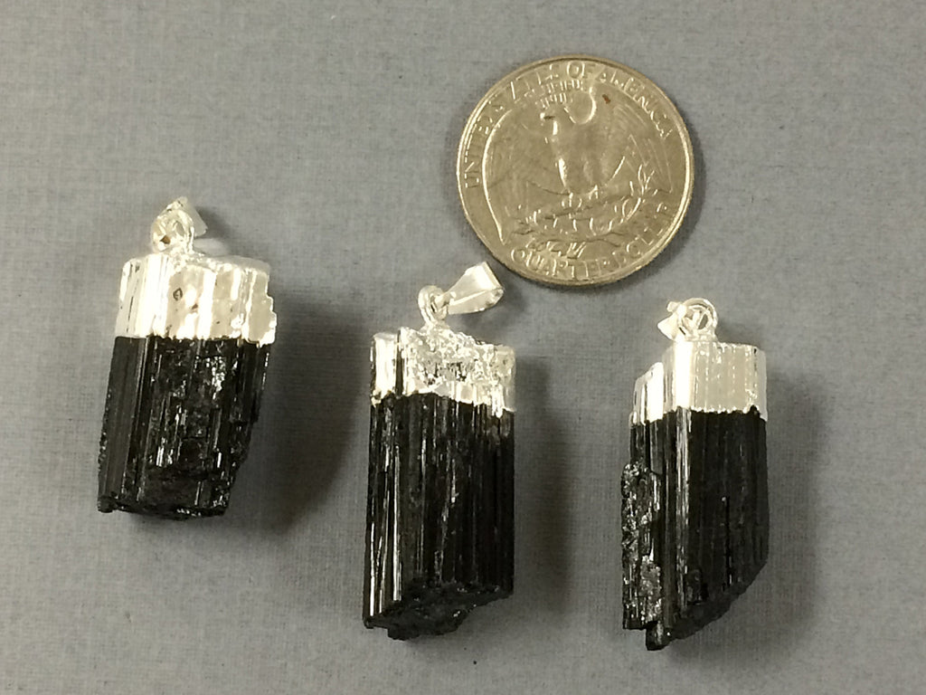 Black Turmaline Silver Capped Pendant, Raw Turmaline Pendant, druzy drusy pendant - DP595-BTS - BeadPrism