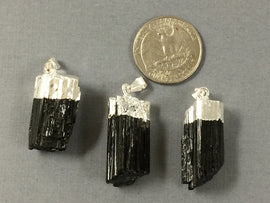 Black Turmaline Silver Capped Pendant, Raw Turmaline Pendant, druzy drusy pendant - DP595-BTS - BeadPrism