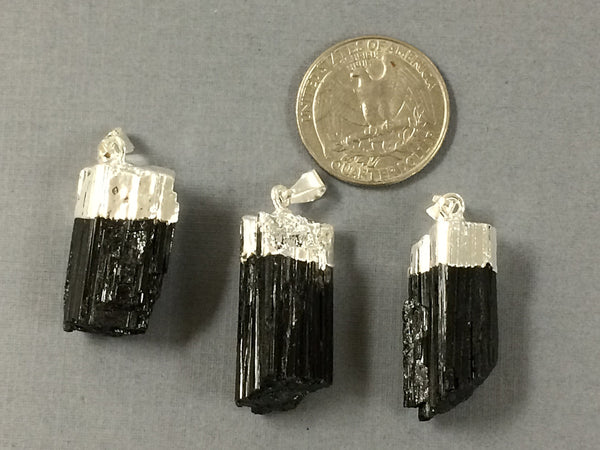 Black Turmaline Silver Capped Pendant, Raw Turmaline Pendant, druzy drusy pendant - DP595-BTS - BeadPrism