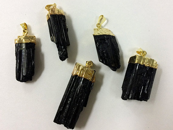 Black Raw Tourmaline Druzy ElecroGoldpated Cap Pendant -  DP595-BTG - BeadPrism