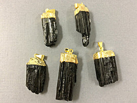 Black Raw Tourmaline Druzy ElecroGoldpated Cap Pendant -  DP595-BTG - BeadPrism