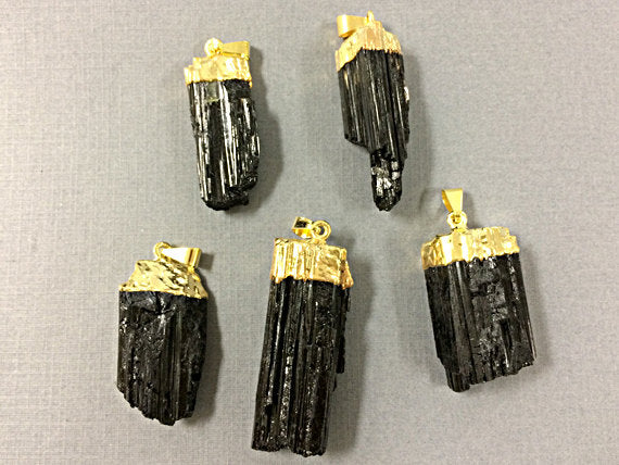 Black Raw Tourmaline Druzy ElecroGoldpated Cap Pendant -  DP595-BTG - BeadPrism