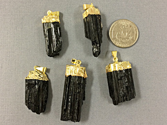Black Raw Tourmaline Druzy ElecroGoldpated Cap Pendant -  DP595-BTG - BeadPrism