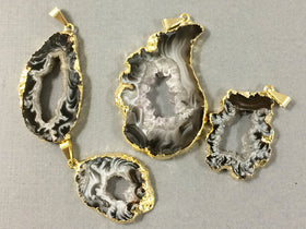 Druzy Agate gold edged Geode slice pendant, Gold Edged Choose Color and Qty - DP8-Tan/Grey - BeadPrism