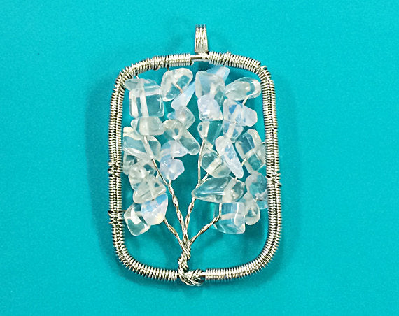 Rainbow Moonstone, Tree of Life Pendant, Silver Plated 48mm Gemstone Square pendant - TOL-GM - BeadPrism