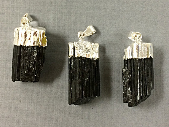Black Turmaline Silver Capped Pendant, Raw Turmaline Pendant, druzy drusy pendant - DP595-BTS - BeadPrism