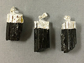 Black Turmaline Silver Capped Pendant, Raw Turmaline Pendant, druzy drusy pendant - DP595-BTS - BeadPrism