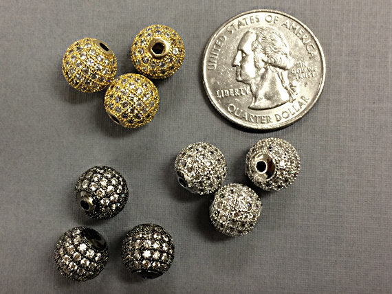 1 Pc 10mm CZ Micro Pave Zircon Round Spacer Bead 1.5mm Hole Choose color Gold, Rhodium, Gunmetal - B - BeadPrism
