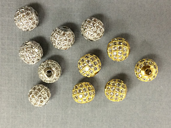 1 Pc 8mm CZ Micro Pave Zircon Spacer Beads 1.5mm Hole Choose color, Gold, Rhodium, Black AAA Quality - BeadPrism