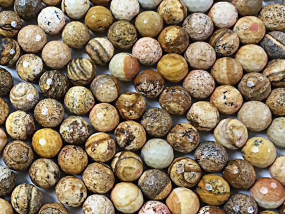 10mm Picture Jasper Faceted Round Gemstone Beads, 15.5 Inch Strand 39 Beads, Cream Brown - SJAS115 - BeadPrism