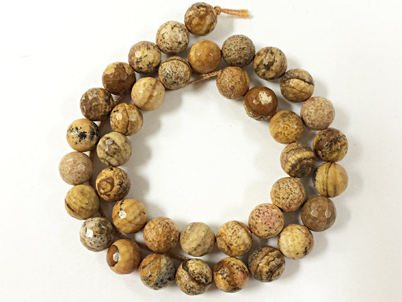 10mm Picture Jasper Faceted Round Gemstone Beads, 15.5 Inch Strand 39 Beads, Cream Brown - SJAS115 - BeadPrism