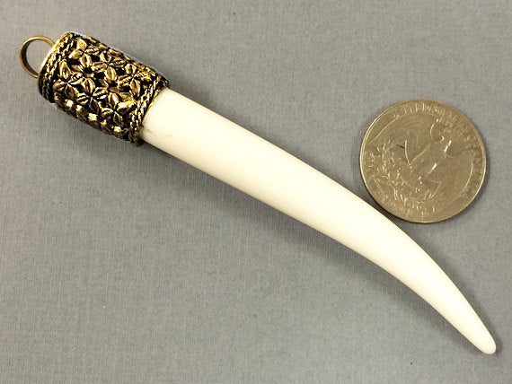Large Horn Tusk tooth Pendant with Antique Brass Cap Resin Ivory Finish 4" Choose Quantity - AP150 - BeadPrism