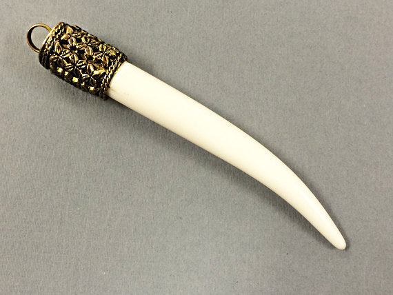 Large Horn Tusk tooth Pendant with Antique Brass Cap Resin Ivory Finish 4" Choose Quantity - AP150 - BeadPrism