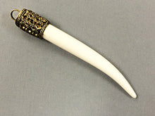 Load image into Gallery viewer, Large Horn Tusk tooth Pendant with Antique Brass Cap Resin Ivory Finish 4" Choose Quantity - AP150 - BeadPrism