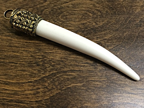 Large Horn Tusk tooth Pendant with Antique Brass Cap Resin Ivory Finish 4" Choose Quantity - AP150 - BeadPrism
