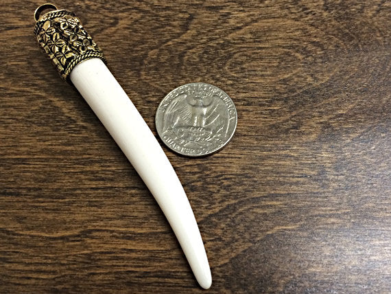 Large Horn Tusk tooth Pendant with Antique Brass Cap Resin Ivory Finish 4" Choose Quantity - AP150 - BeadPrism