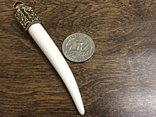 Load image into Gallery viewer, Large Horn Tusk tooth Pendant with Antique Brass Cap Resin Ivory Finish 4" Choose Quantity - AP150 - BeadPrism