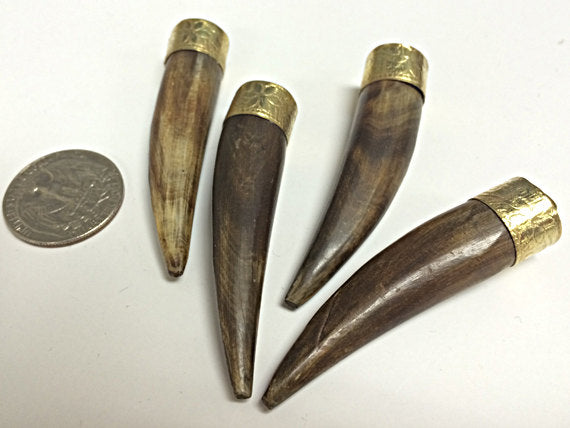 Bone Horn Tusk tooth Pendant with Antique Brass Cap Tan 2.5" Tibet Pendant, Choose quantity - AP154 - BeadPrism