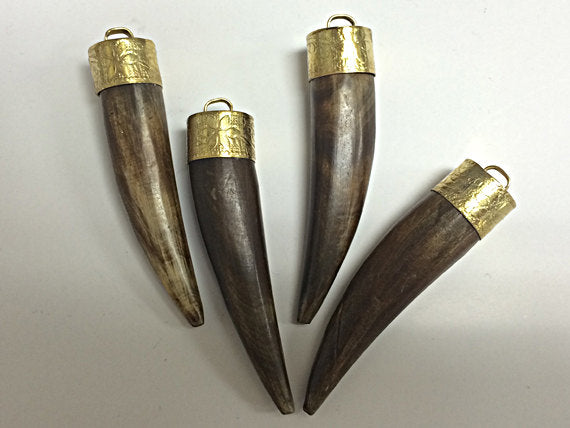 Bone Horn Tusk tooth Pendant with Antique Brass Cap Tan 2.5" Tibet Pendant, Choose quantity - AP154 - BeadPrism
