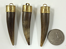 Load image into Gallery viewer, Bone Horn Tusk tooth Pendant with Antique Brass Cap Tan 2.5" Tibet Pendant, Choose quantity - AP154 - BeadPrism