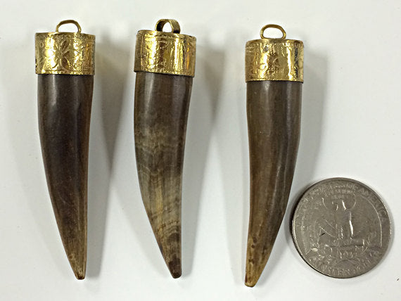 Bone Horn Tusk tooth Pendant with Antique Brass Cap Tan 2.5" Tibet Pendant, Choose quantity - AP154 - BeadPrism