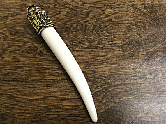 Large Horn Tusk tooth Pendant with Antique Brass Cap Resin Ivory Finish 4" Choose Quantity - AP150 - BeadPrism