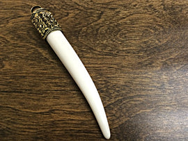Large Horn Tusk tooth Pendant with Antique Brass Cap Resin Ivory Finish 4