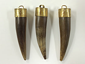 Horn Tusk tooth Tibetan Pendant with Antique Brass Cap Tan 2- 2.5 Inch,  Choose Quantity - AP154 - BeadPrism