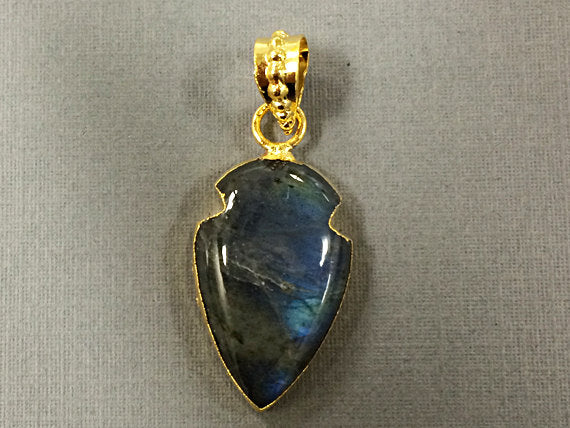 Labradorite Arrowhead Pendant, 1.2 Inch, Gold Edged Natural Labradorite - AP301 - BeadPrism