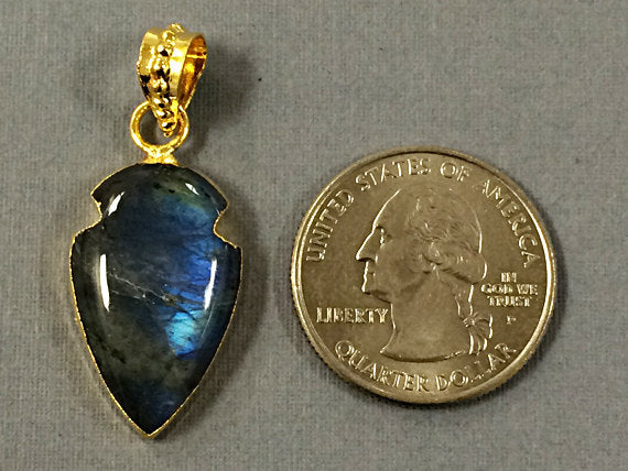 Labradorite Arrowhead Pendant, 1.2 Inch, Gold Edged Natural Labradorite - AP301 - BeadPrism