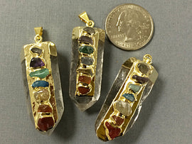 Chakra Crystal Quartz Pendant, Inlaid gemstones, Gold capped, 1.75 inch approx, - BeadPrism