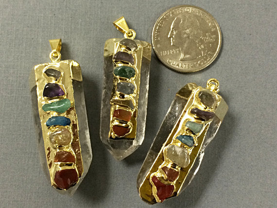 Chakra Crystal Quartz Pendant, Inlaid gemstones, Gold capped, 1.75 inch approx, - BeadPrism