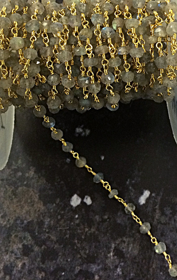 40% OFF 10 Feet Labodorite 3mm Faceted Gold Plated Wire Wrapped Chain -1Foot -CHGS12-LB - BeadPrism
