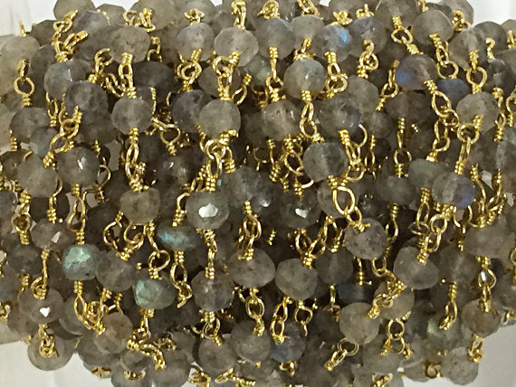 50 Feet Spool Labodorite 3mm Faceted Gemstone Gold Plated Wire Wrapped Chain By Foot  - CHGS12-Lb - BeadPrism