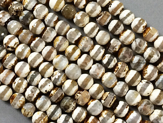 8mm Tibet Agate White, Ivory, Grey, Cream, Brown Gemstone faceted Full 14" Strand 47 Beads - SAGT505 - BeadPrism