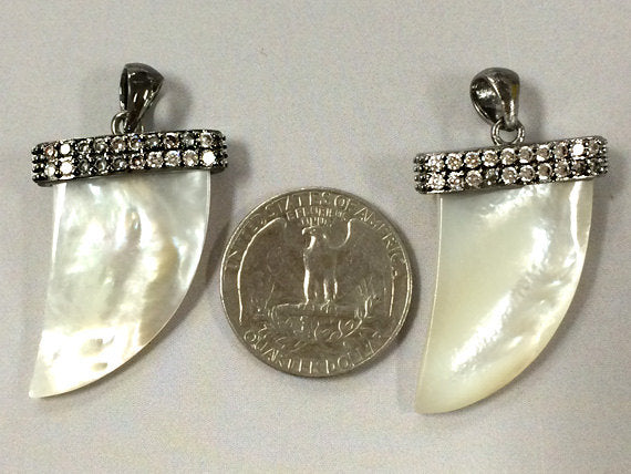 Pave CZ Horn Tusk in Real Mother Of Pearl 37mm x 25mm, Dark Rhodium, Gunmetal Finish, 1Pc - Ap250 - BeadPrism
