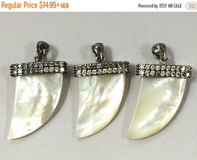 Pave CZ Horn Tusk in Real Mother Of Pearl 37mm x 25mm, Dark Rhodium, Gunmetal Finish, 1Pc - Ap250 - BeadPrism