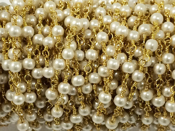 10 Feet 4mm White Cream Glass Pearl Gold Plated Wire Wrapped Rosary Bead Chain by Foot - CH215-10 - BeadPrism