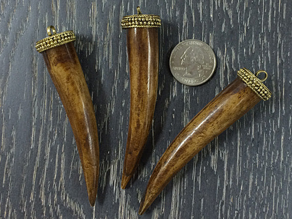 10 Pc Large Bone Horn Tusk tooth Pendant Brass Cap Antique Brown 3.6 Inch Horn Pendant - TP102A-10 - BeadPrism