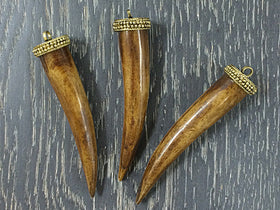 5 Pc Large Bone Horn Tusk tooth Pendant Brass Cap Antique Brown 3.6" Tibetan Horn Pendant - TP102A-5 - BeadPrism