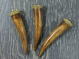 Extra Large Bone Horn Tusk tooth Pendant Brass Cap Antique Brown 3.6